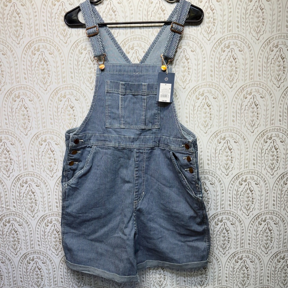Universal Thread Denim Shortalls Womens 8 Blue Railroad Stripe Bib Overalls NEW